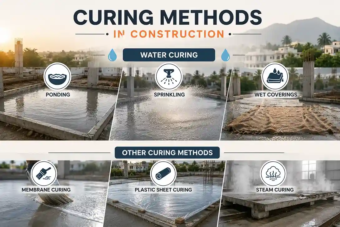 Water curing in construction methods including ponding, sprinkling, wet coverings and other concrete curing methods