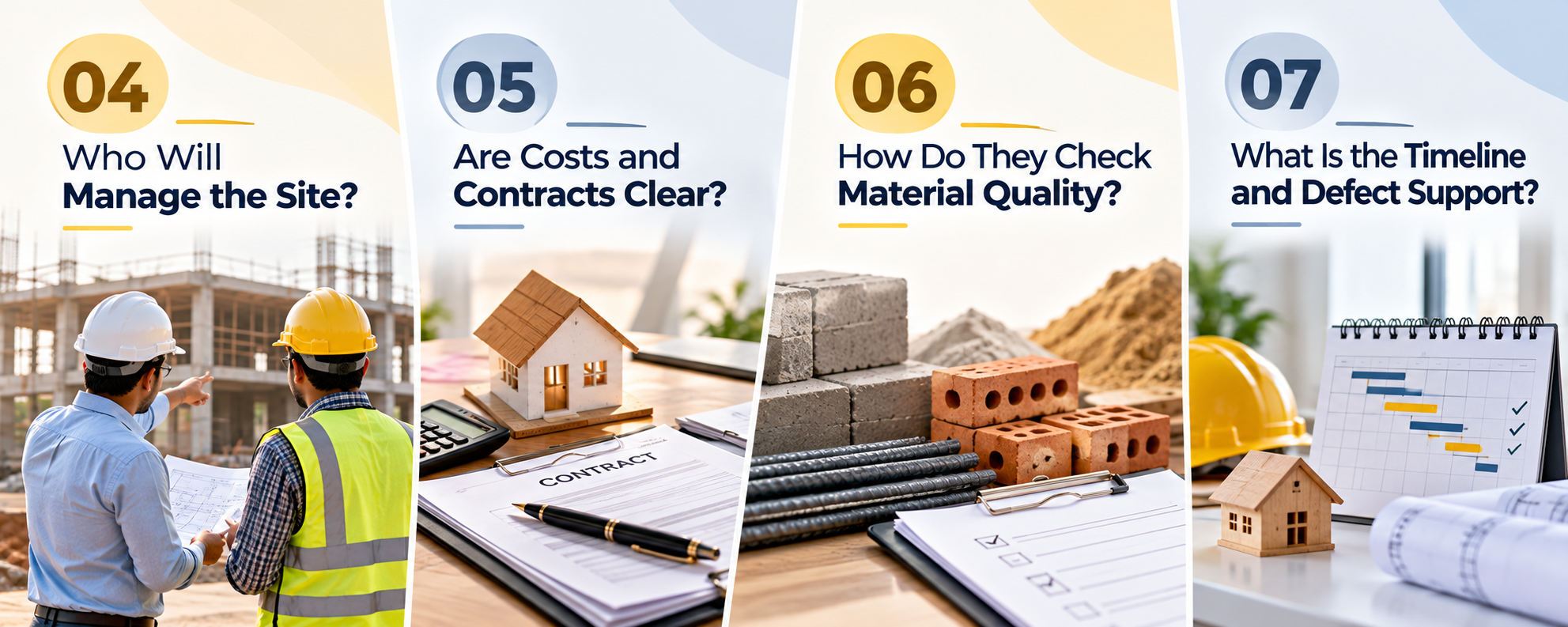 House construction checklist covering site supervision, contracts, material quality and project timeline 