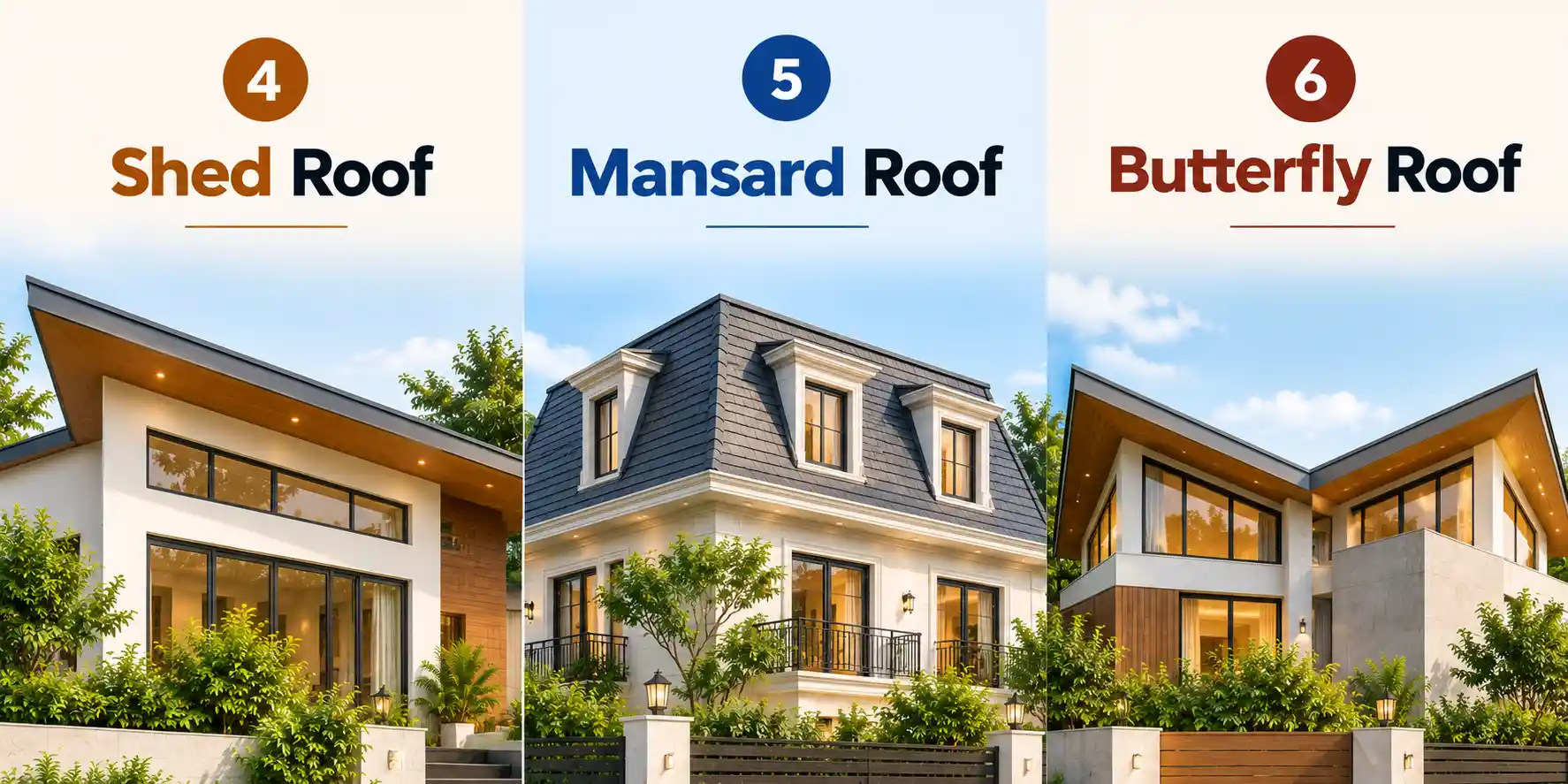 Types of roofs in building construction including shed roof, mansard roof and butterfly roof