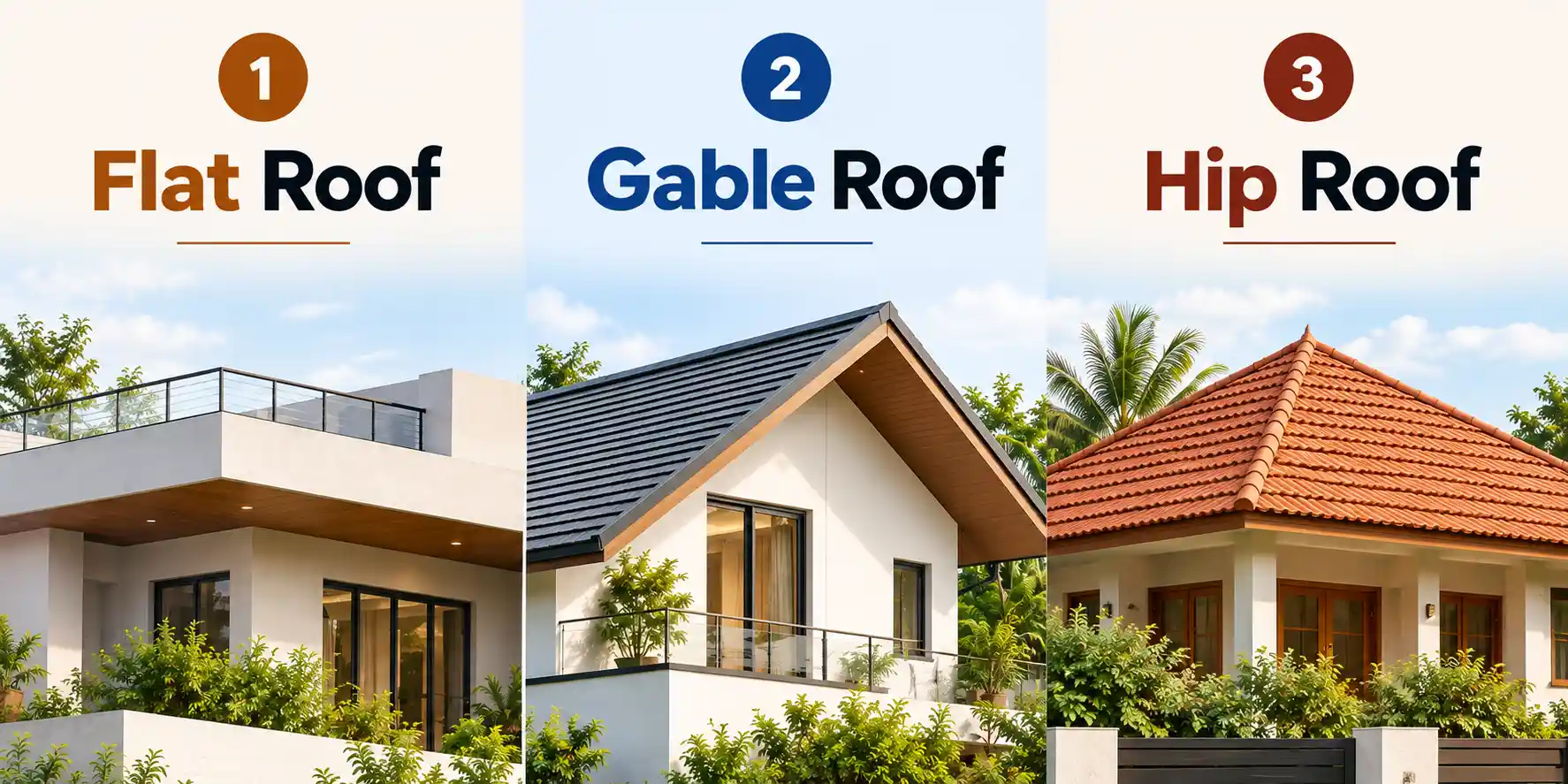 Types of roofs in building construction including flat roof, gable roof and hip roof